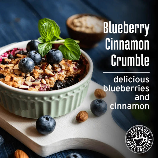 Blueberry Cinnamon Crumble in a bowl with blueberries and nuts on a wooden board, featuring Javamania Coffee Roastery logo - blinks emporium