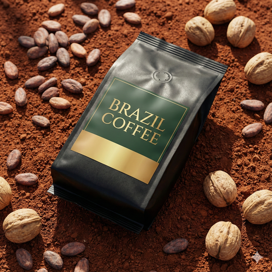 Coffee bag labeled 'Brazil Coffee' surrounded by coffee beans and nuts on a brown background - blinks emporium
