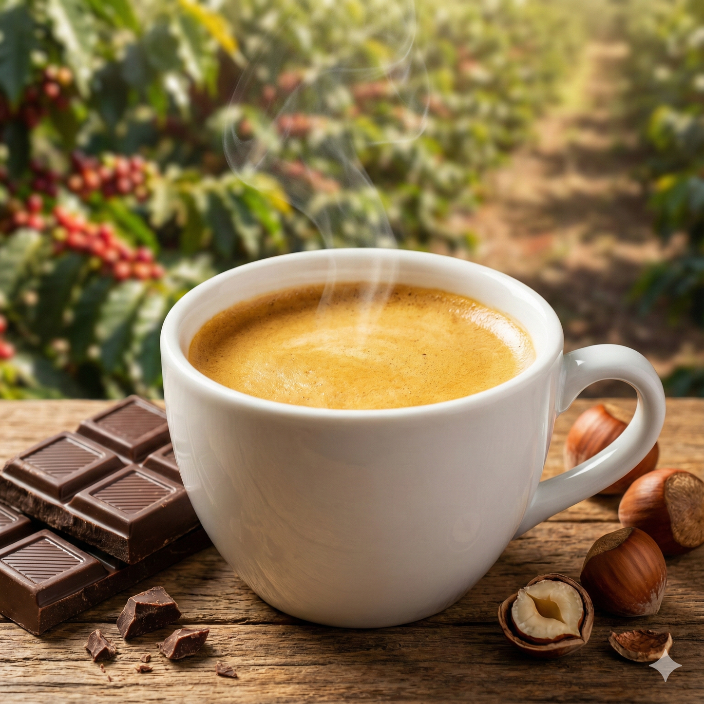 Steaming cup of coffee on a wooden surface with chocolate and hazelnuts, coffee plants in the background - blinks emporium