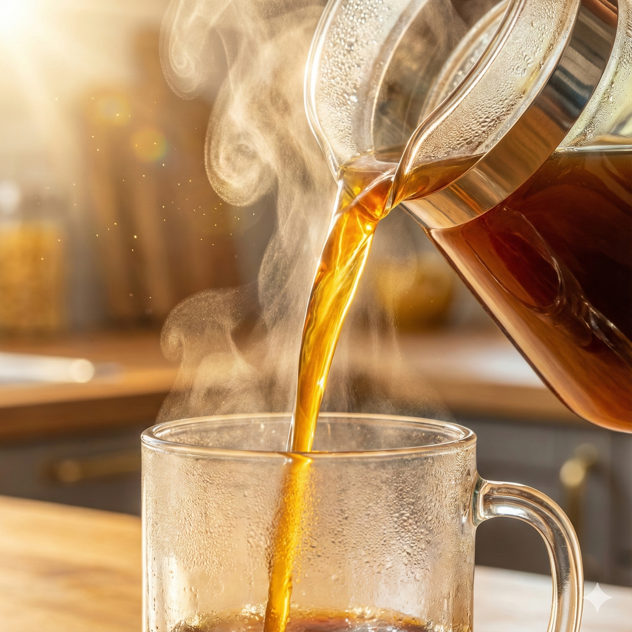 Steaming hot coffee being poured from a French press into a glass mug - blinks emporium