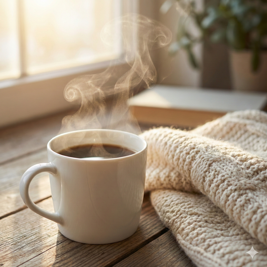 A steaming ceramic mug filled with freshly brewed Jamaican Me Crazy coffee, sitting next to a cozy blanket in warm morning light - blinks emporium