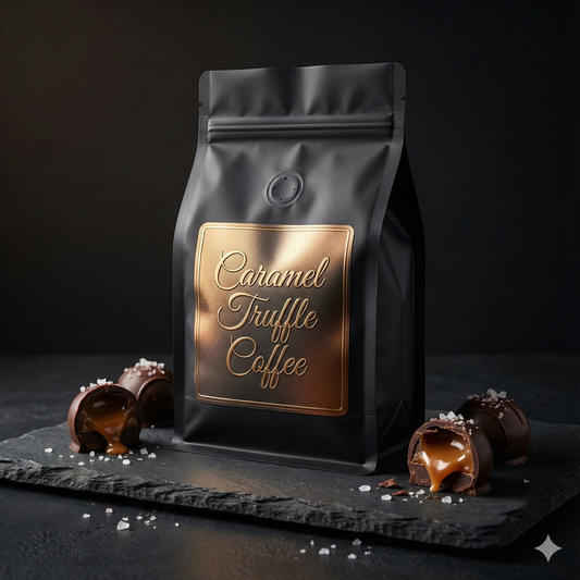 Black coffee bag labeled 'Caramel Truffle Coffee' with truffle candies on a dark surface - blinks emporium
