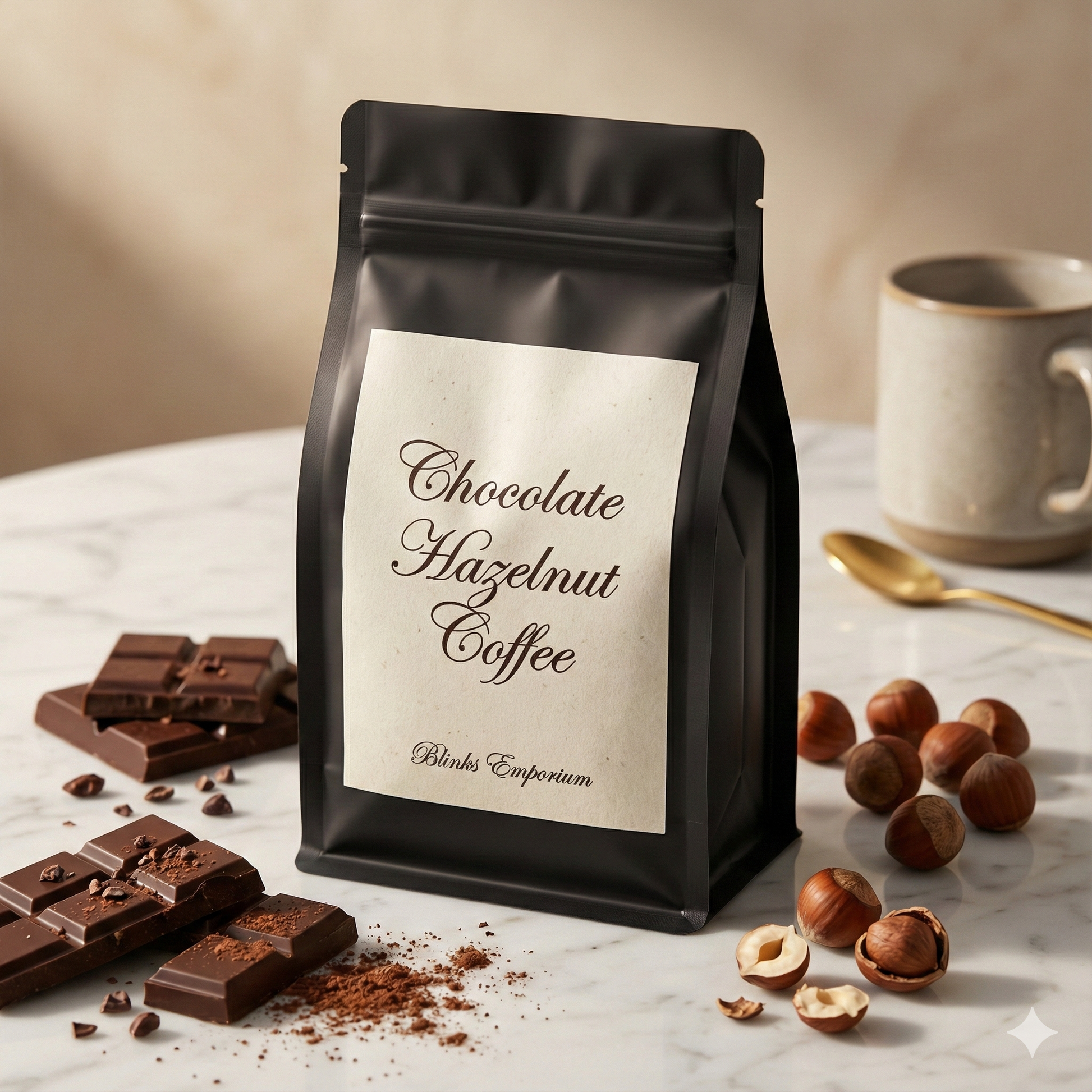 Black coffee bag labeled 'Chocolate Hazelnut Coffee' with chocolate pieces and hazelnuts on a marble surface - blinks emporium