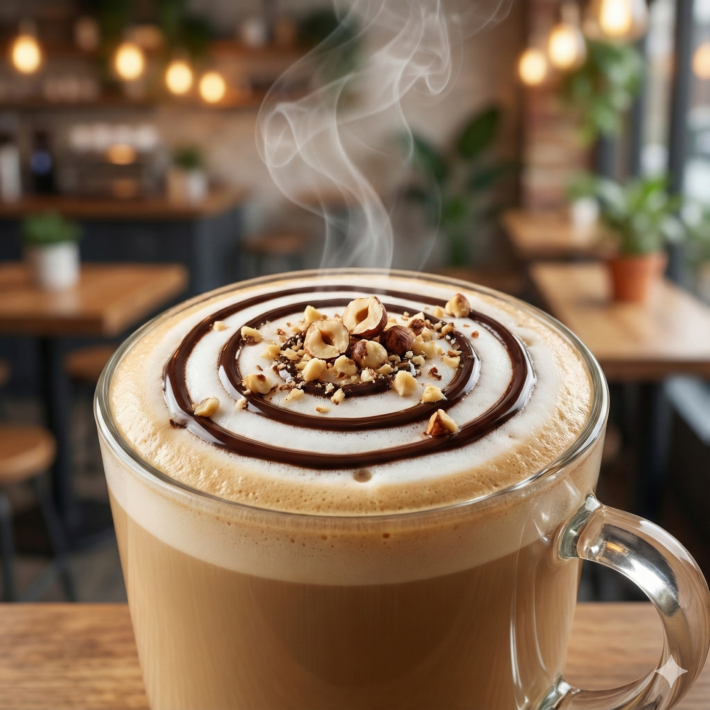 Steaming cappuccino with chocolate and nut toppings in a glass cup, set against a blurred café background - blinks emporium