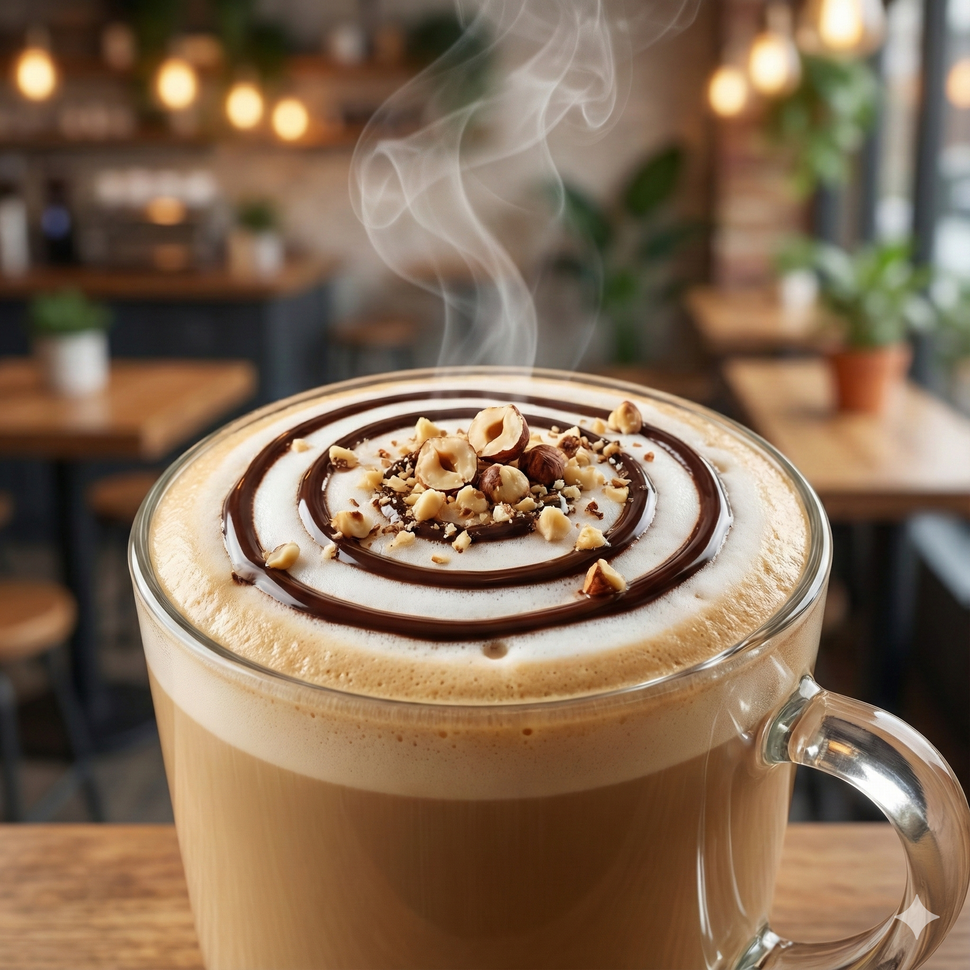 Steaming cappuccino with chocolate and nut toppings in a glass cup, set against a blurred café background - blinks emporium