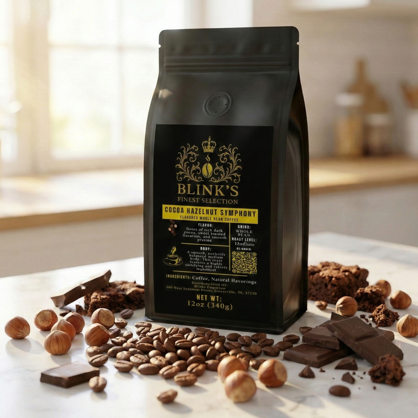 Cocoa Hazelnut Symphony coffee bag with dark chocolate and hazelnuts - blinks emporium