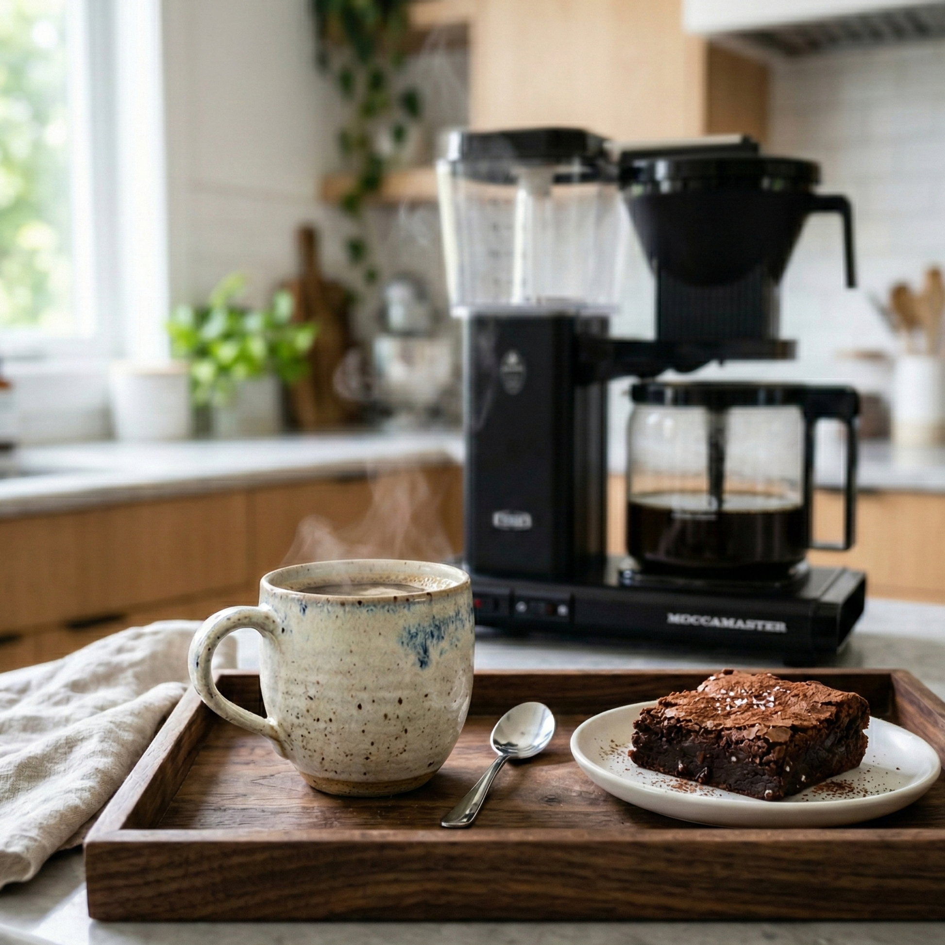 Brewing Cocoa Hazelnut Symphony coffee next to a brownie - blinks emporium