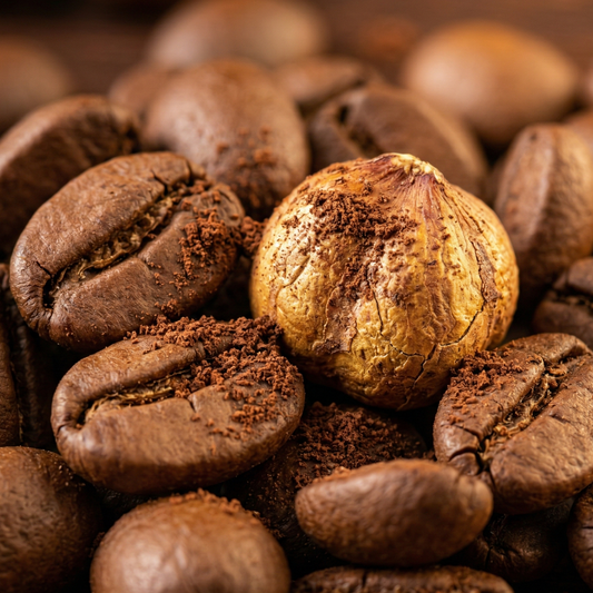 Extreme macro shot of Cocoa Hazelnut Symphony coffee beans with cocoa powder - blinks emporium