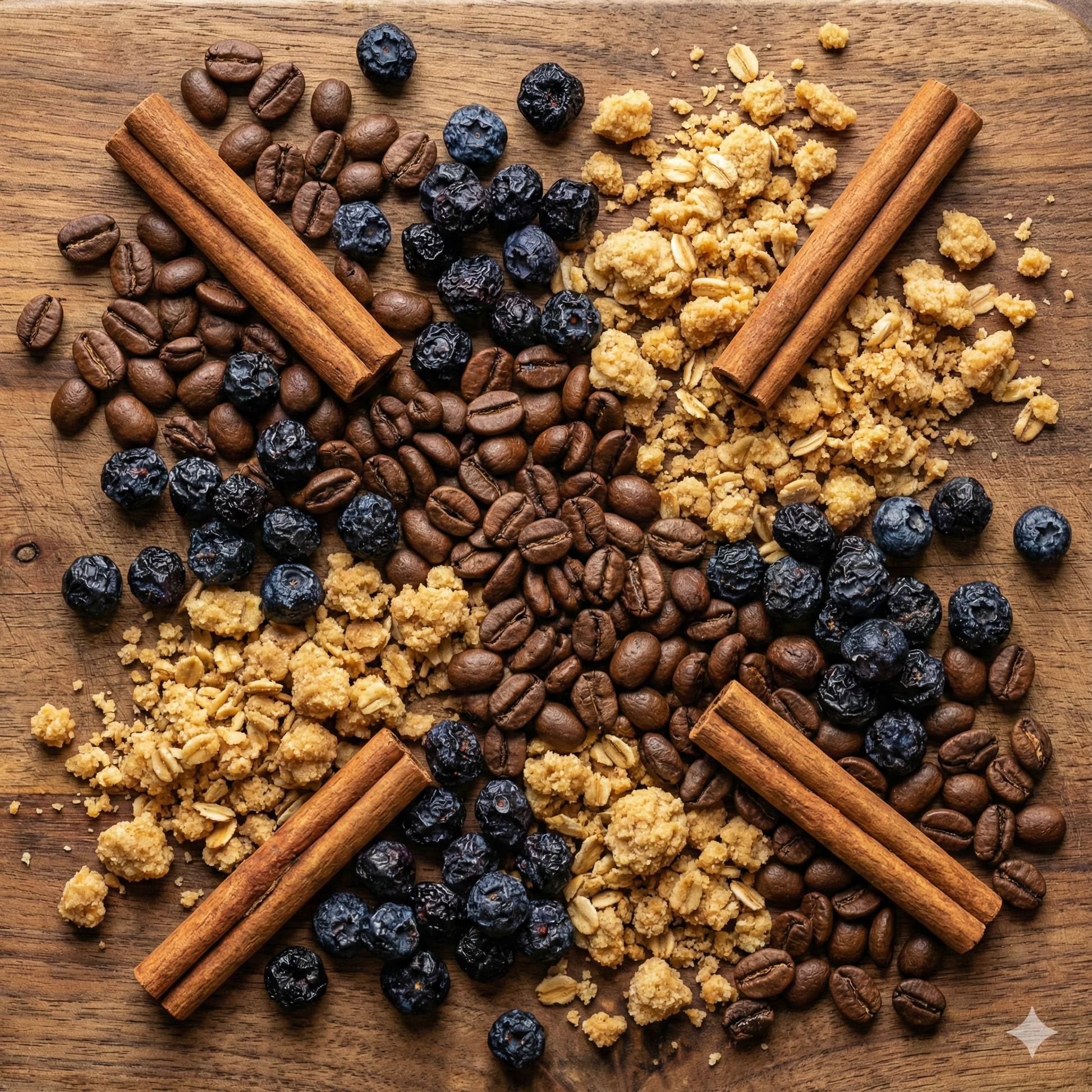 Close up texture shot of roasted coffee beans mixed with dried blueberries and cinnamon sticks - blinks emporium