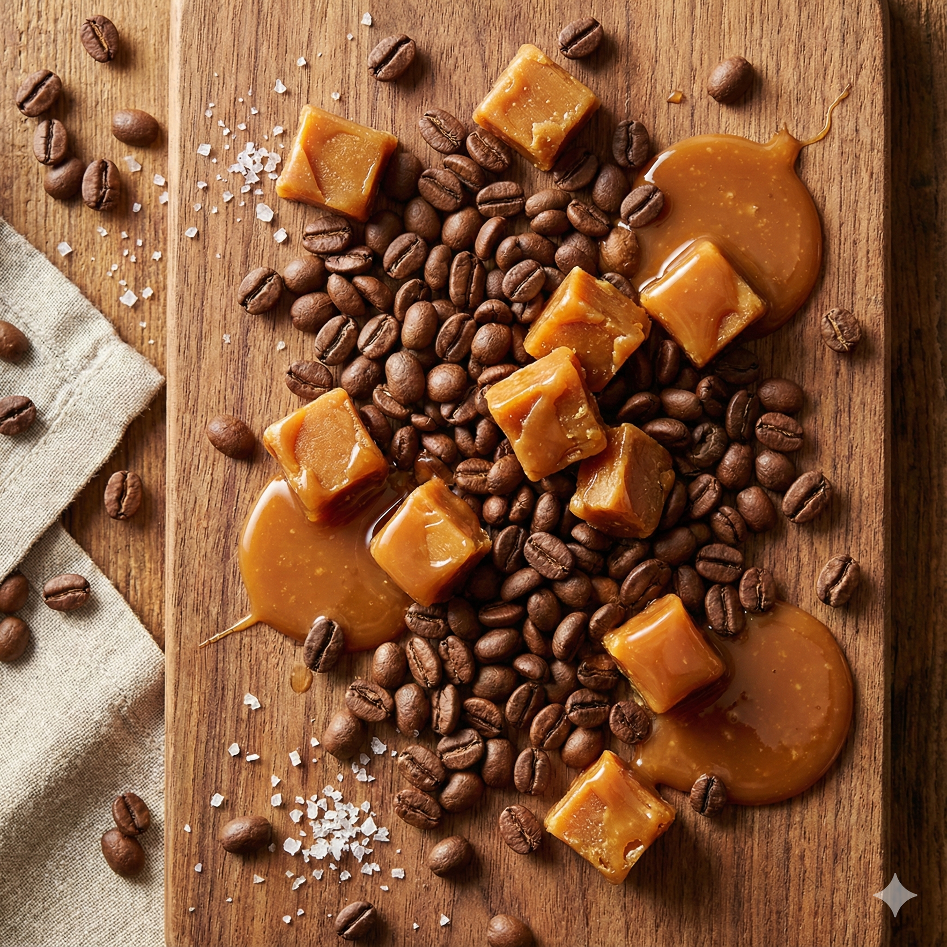 Close up texture shot of roasted coffee beans mixed with caramel chunks - blinks emporium