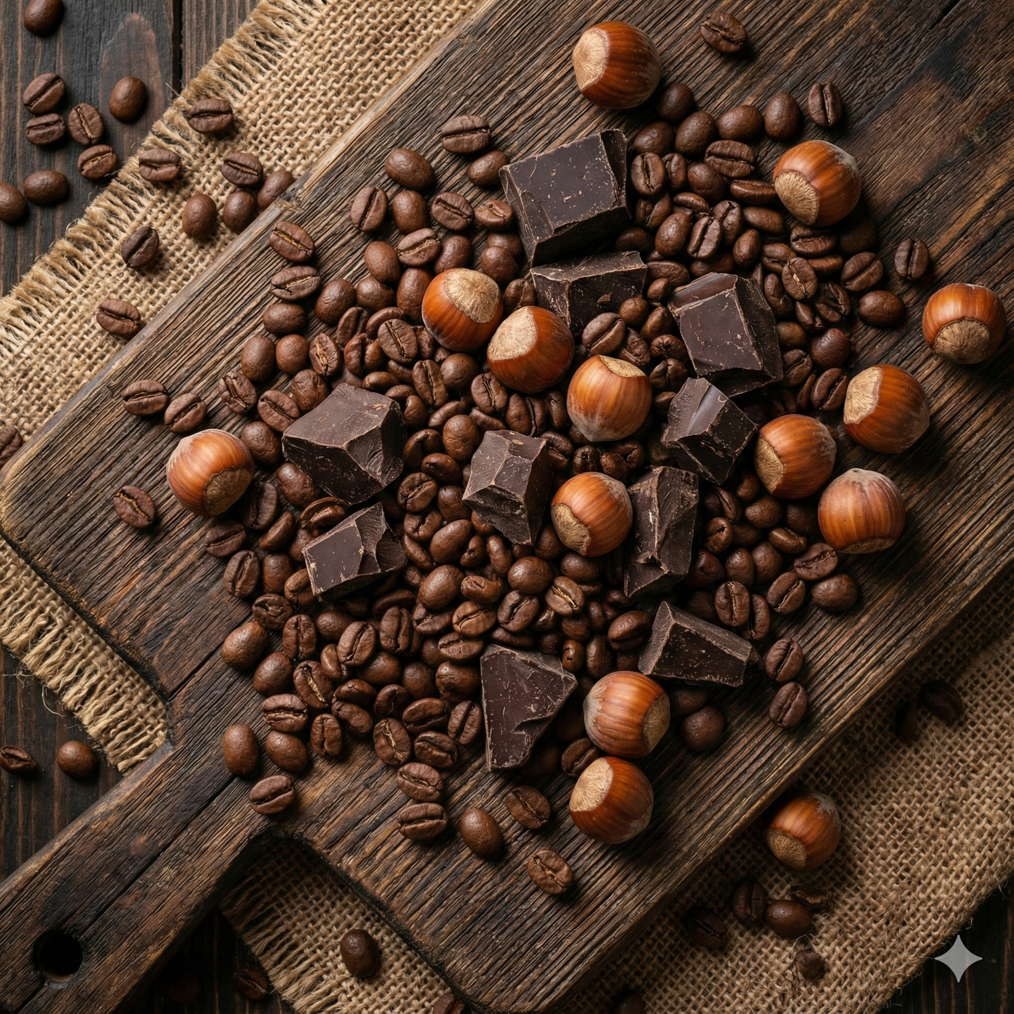 Close up texture shot of roasted coffee beans mixed with chocolate chunks and hazelnuts - blinks emporium