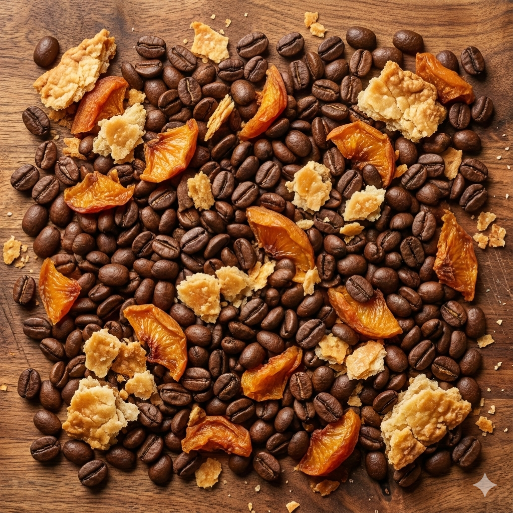 Close up texture shot of roasted coffee beans mixed with dried peaches and pie crust crumbs - blinks emporium