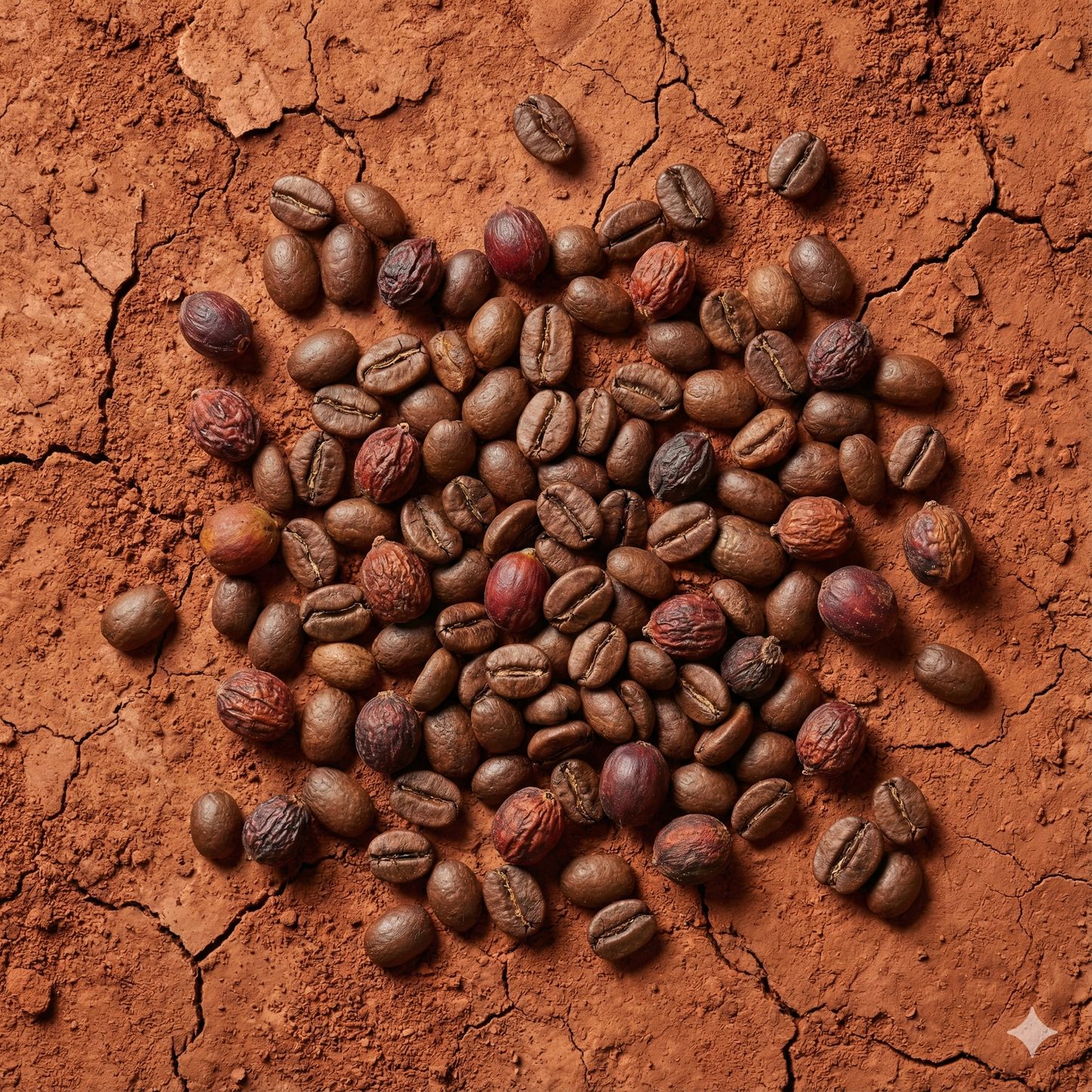 Close up texture shot of roasted coffee beans on red clay soil - blinks emporium