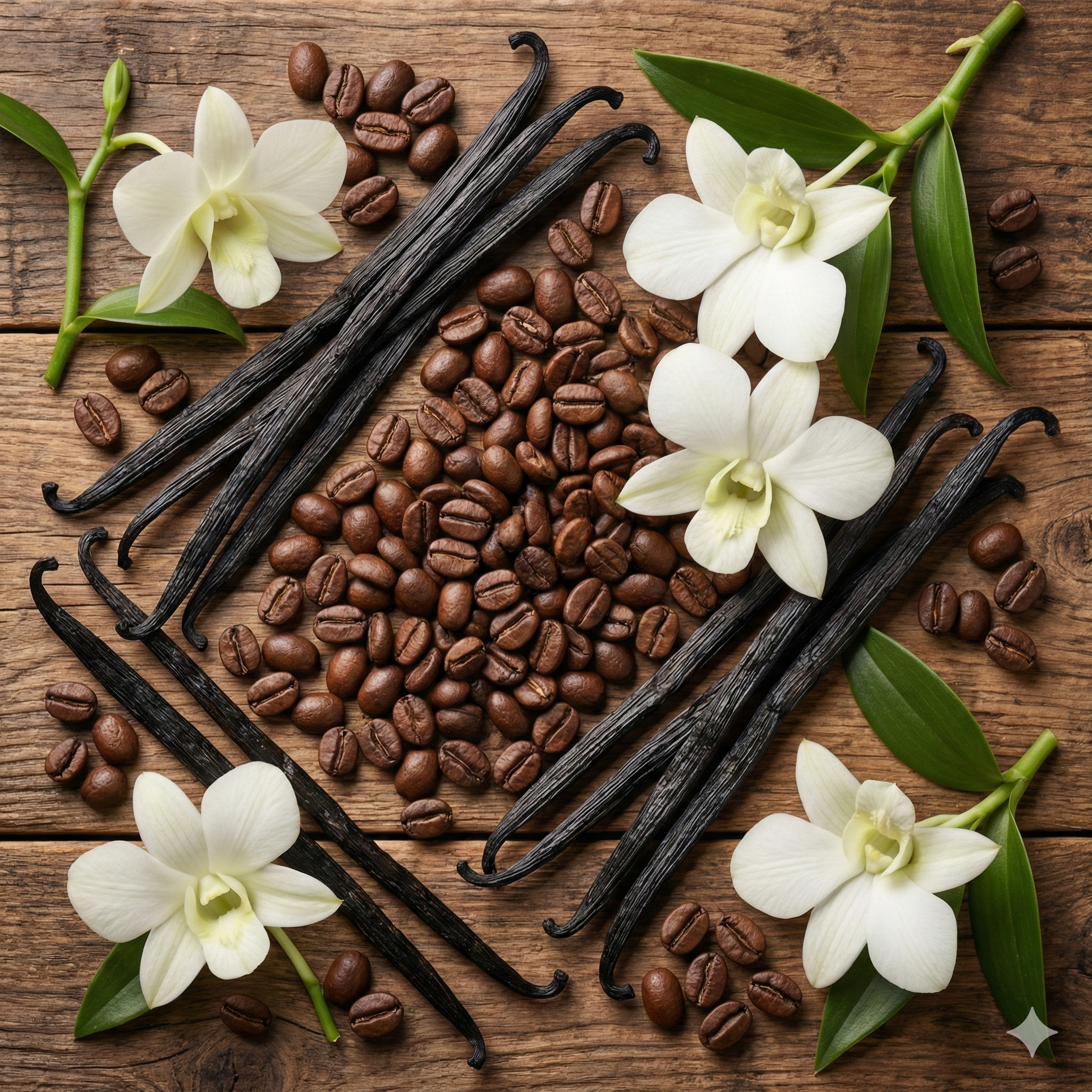 Close up texture shot of roasted coffee beans mixed with vanilla pods and orchid flowers - blinks emporium