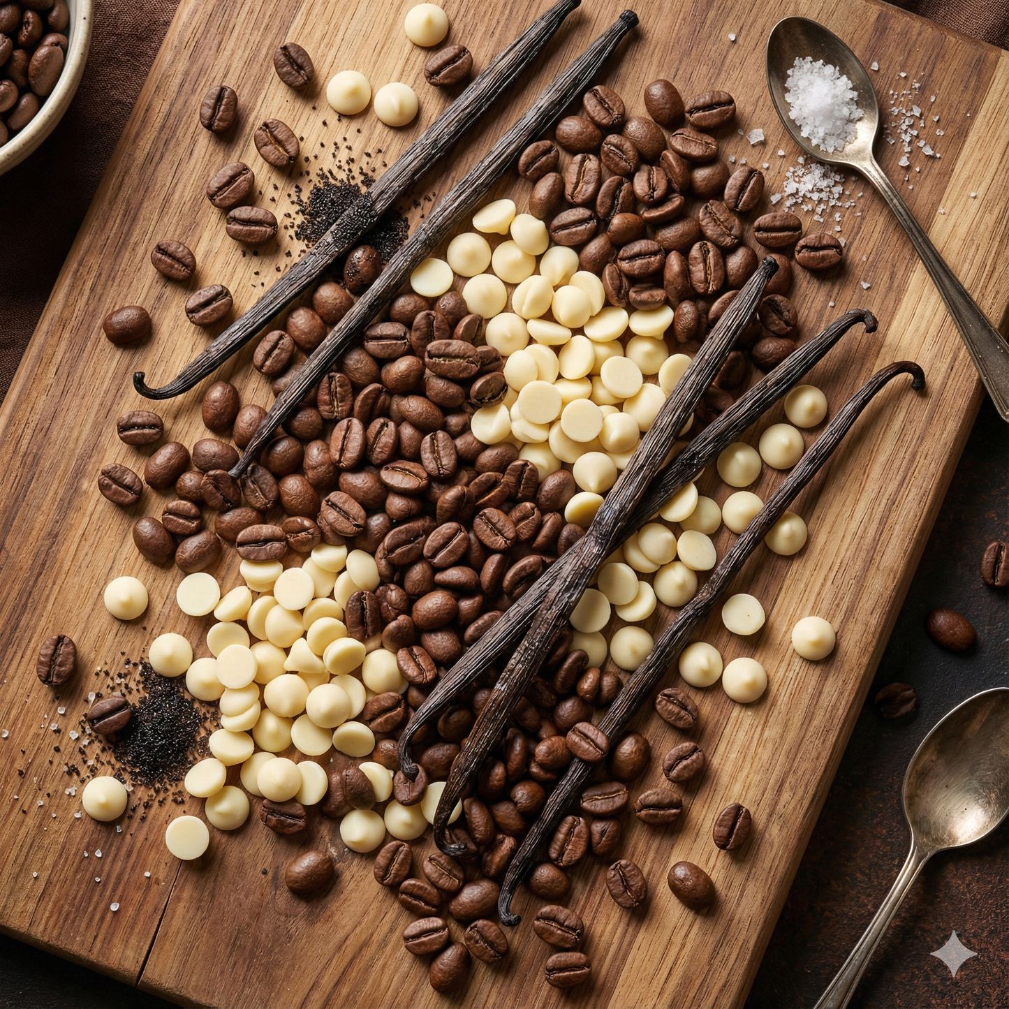 Close up texture shot of roasted coffee beans mixed with white chocolate chips - blinks emporium