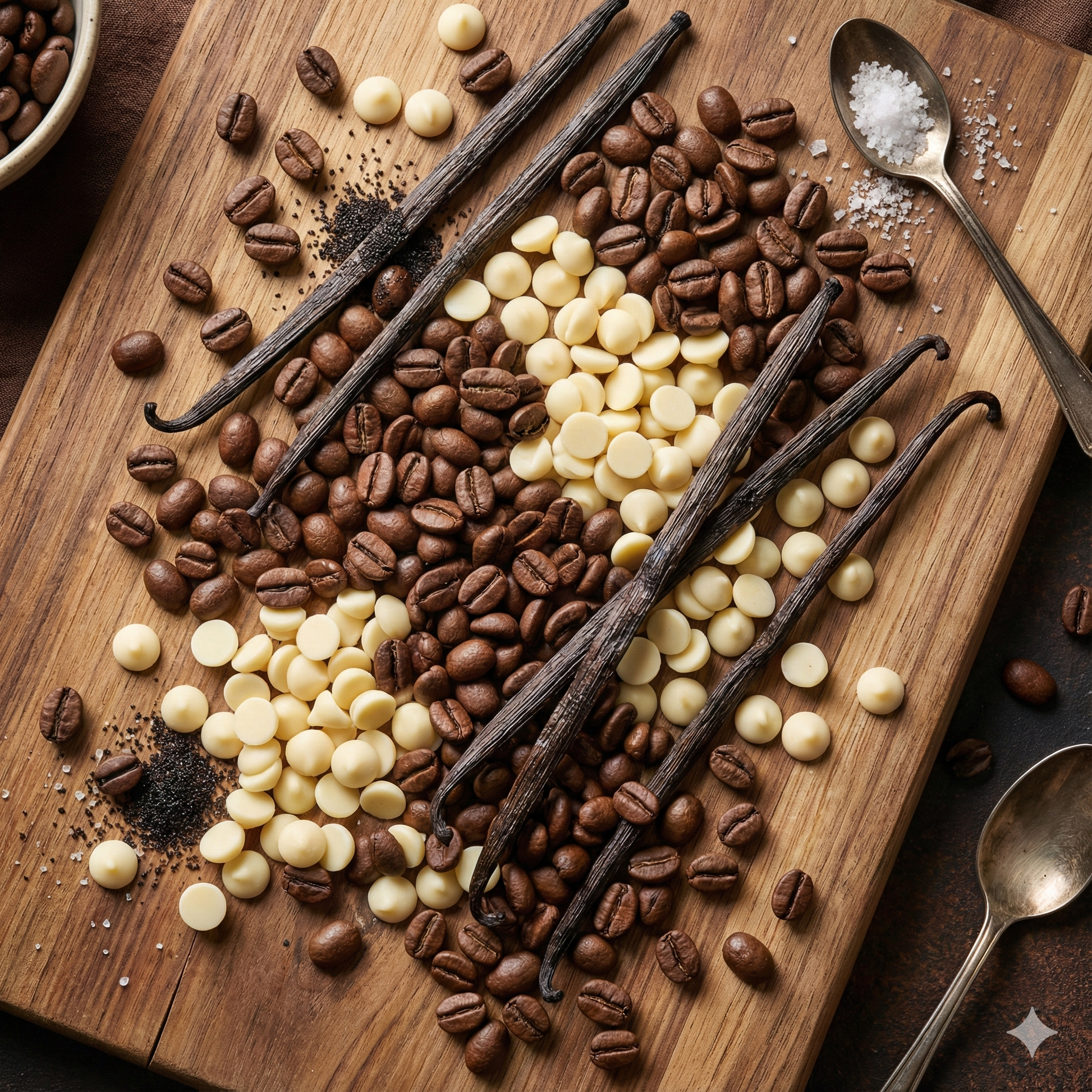 Close up texture shot of roasted coffee beans mixed with white chocolate chips - blinks emporium
