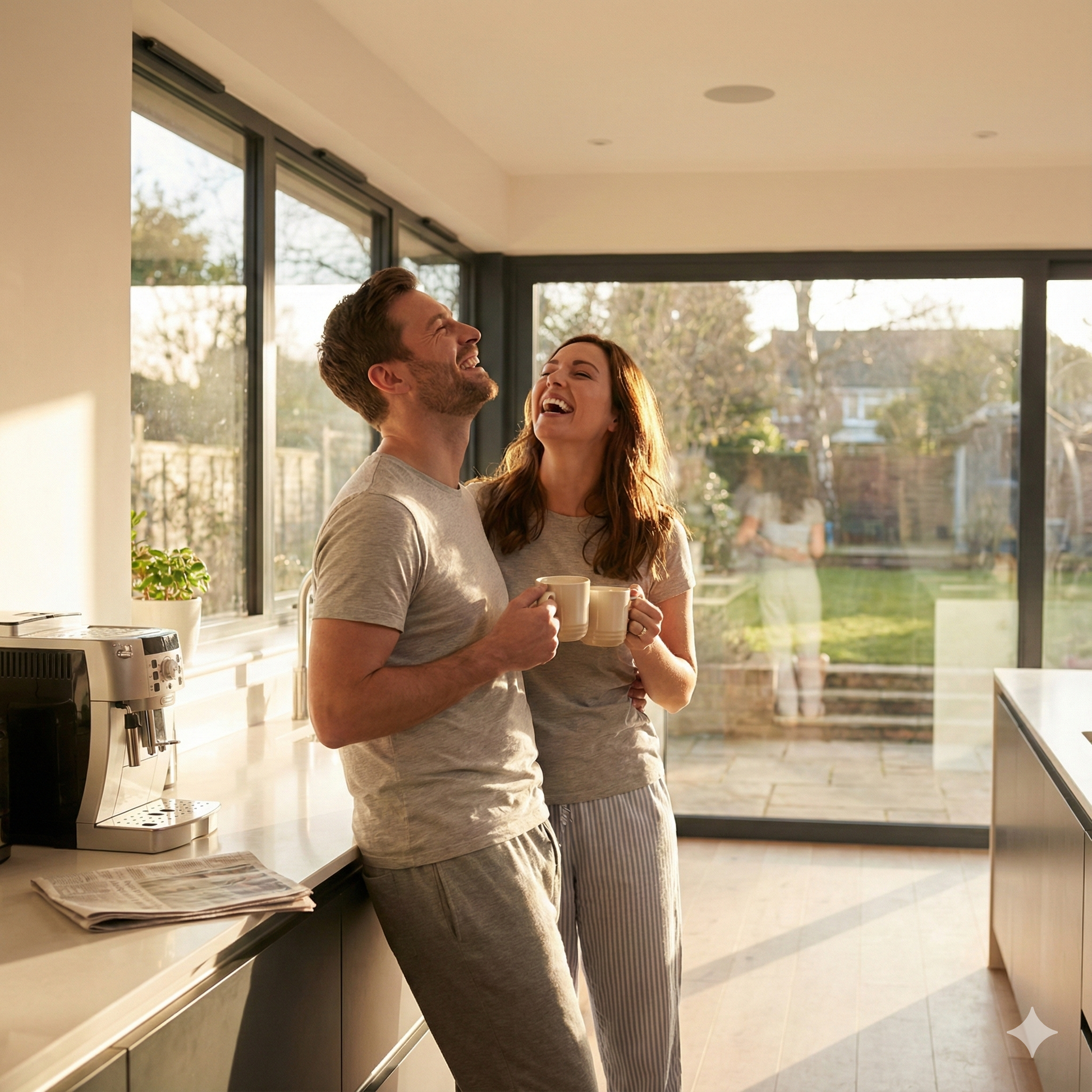 A couple drinking coffee together in a bright kitchen - blinks emporium
