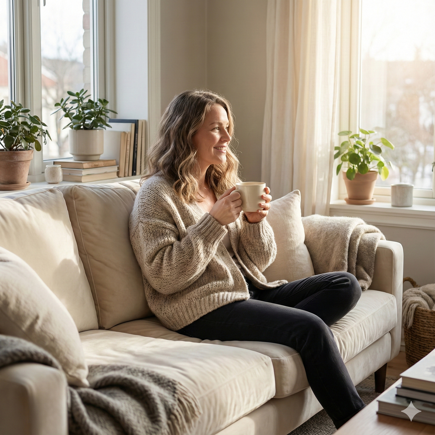 Woman sitting on a couch holding a coffee mug in a cozy living room setting - blinks emporium