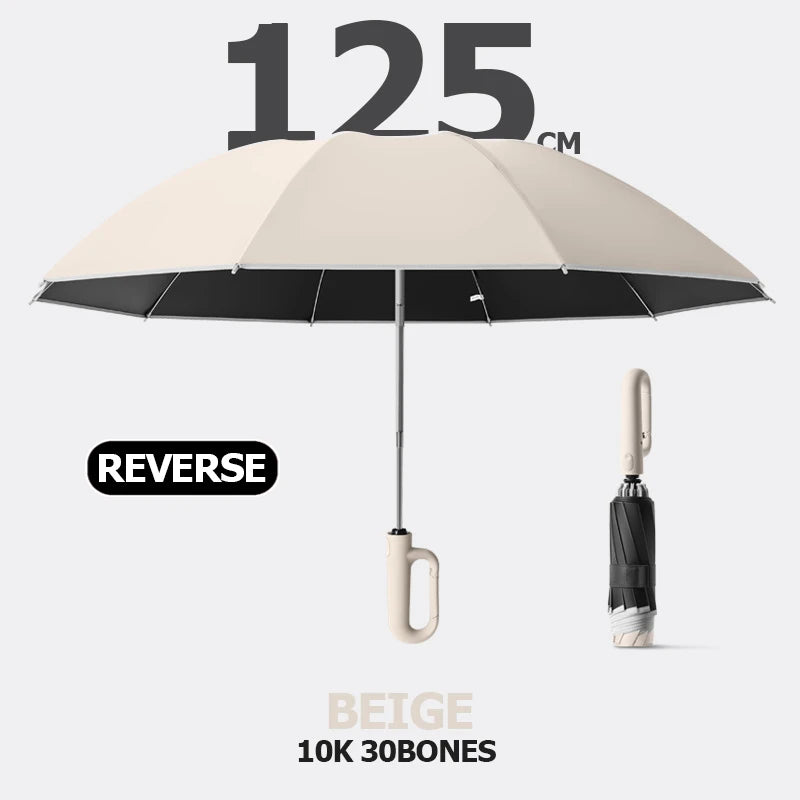 Premium Windproof Umbrella with Reflective Strip, Reverse Automatic Folding, UV Protection, and Carabiner Handle