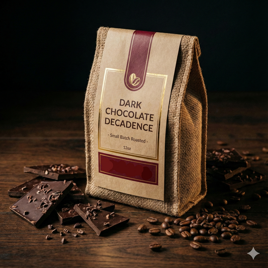 Bag of dark chocolate coffee with cocoa squares on wood table - blinks emporium