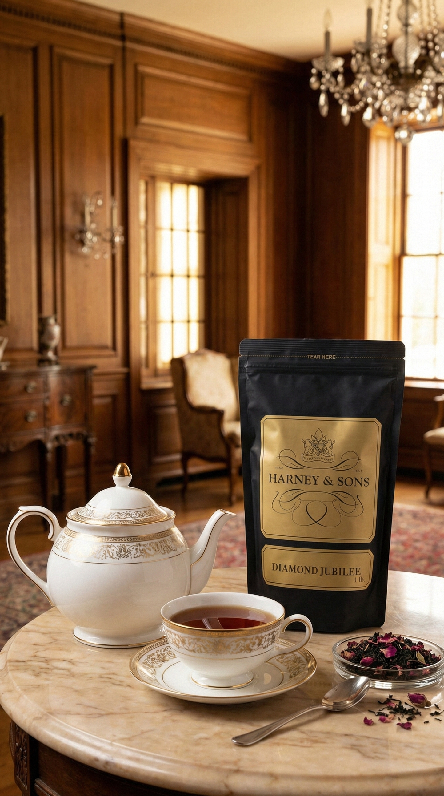 Harney & Sons tea package with a teacup and teapot on a table in an elegant room - blinks emporium