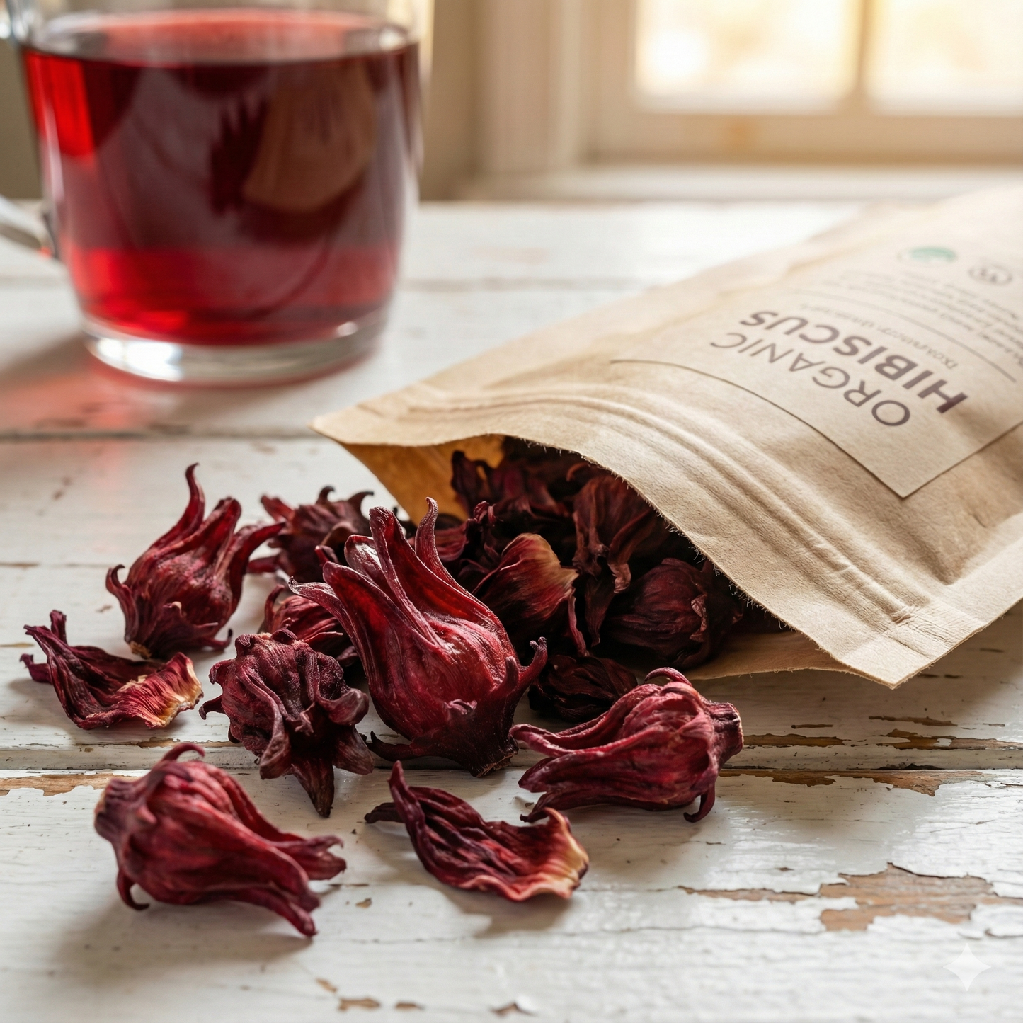 Dried hibiscus flowers and a bag of organic hibiscus tea on a wooden surface with a glass of red tea - blinks emporium