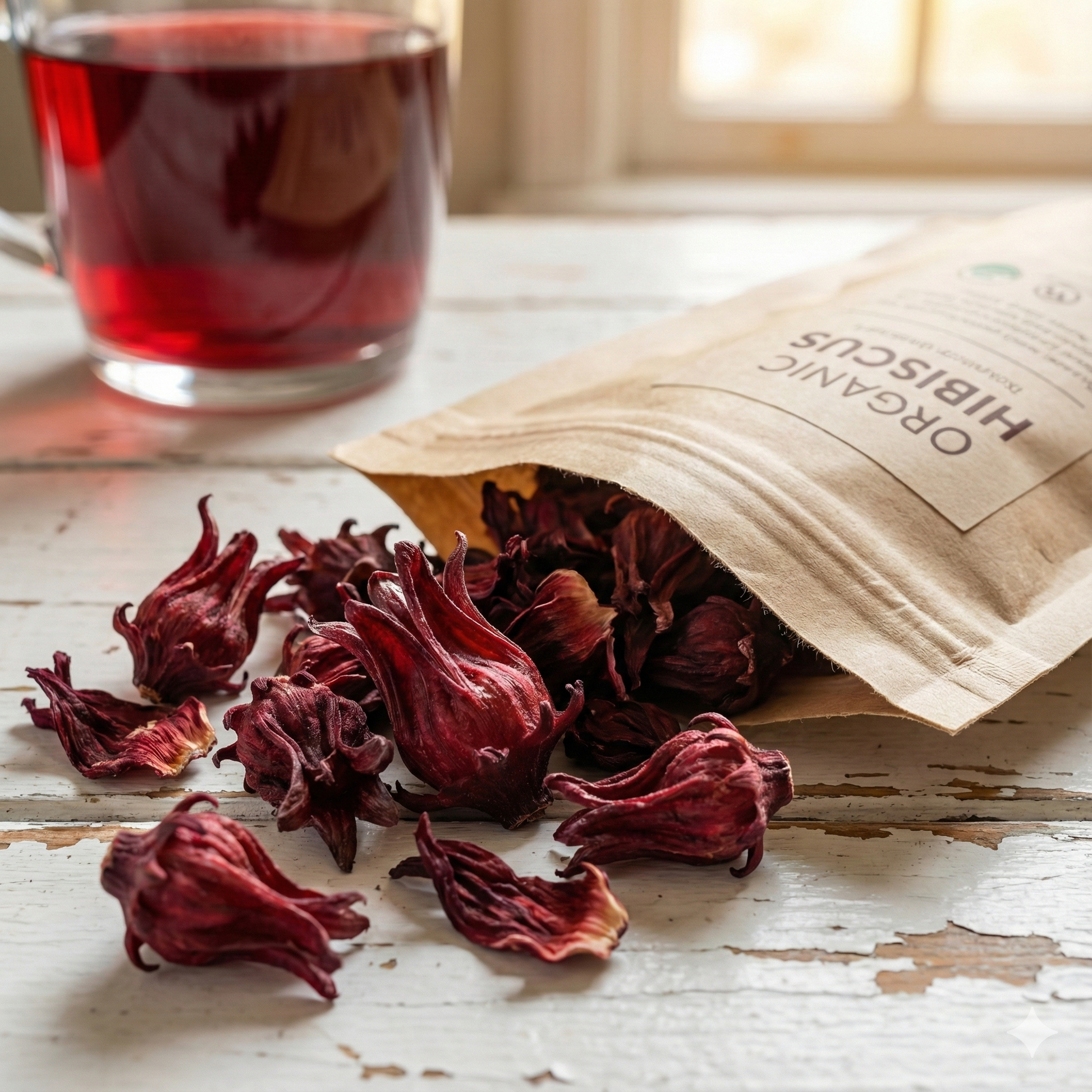 Dried hibiscus flowers and a bag of organic hibiscus tea on a wooden surface with a glass of red tea - blinks emporium