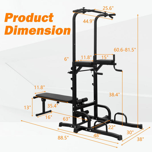 Power Tower Dip Station with Bench Pull Up Tower Bar Stand Adjustable Height Heavy Duty Multi-Function Fitness Training Equipment for Home Office Gym