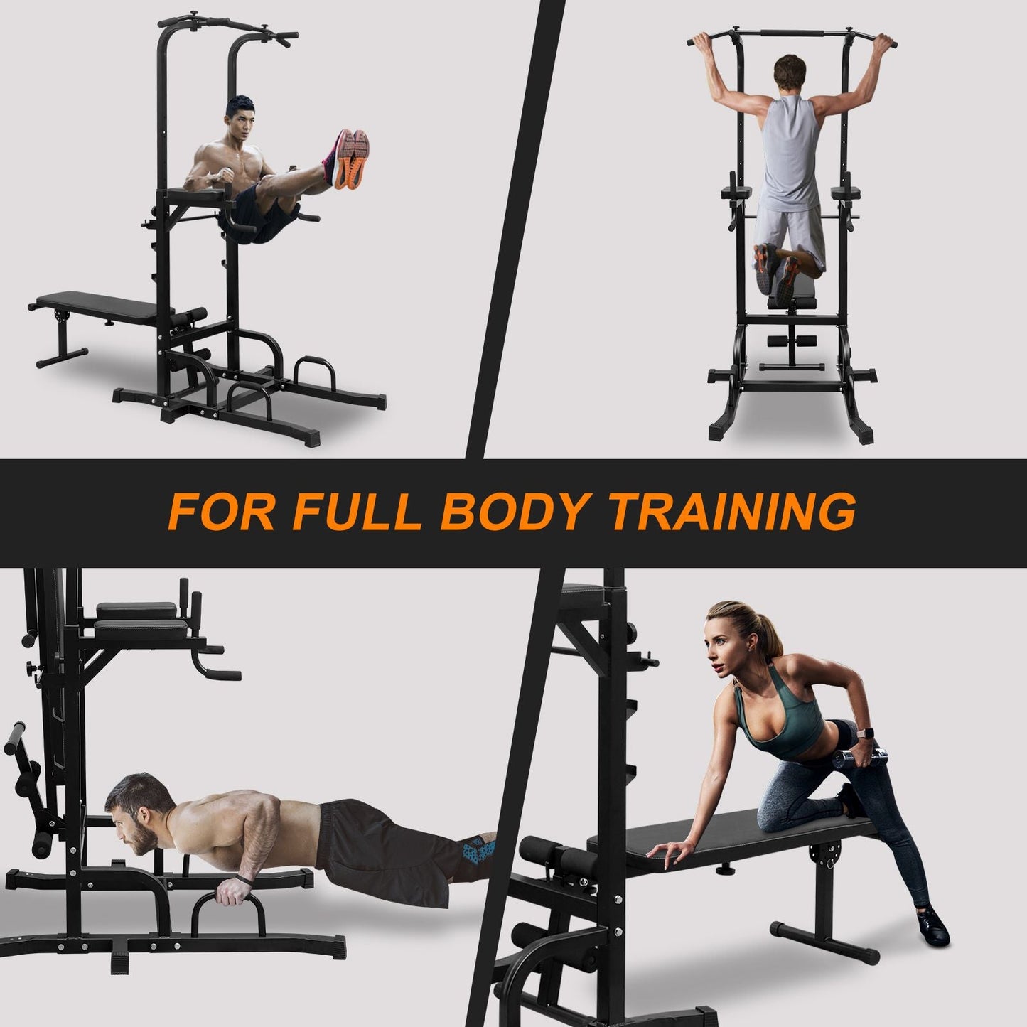 Power Tower Dip Station with Bench Pull Up Tower Bar Stand Adjustable Height Heavy Duty Multi-Function Fitness Training Equipment for Home Office Gym