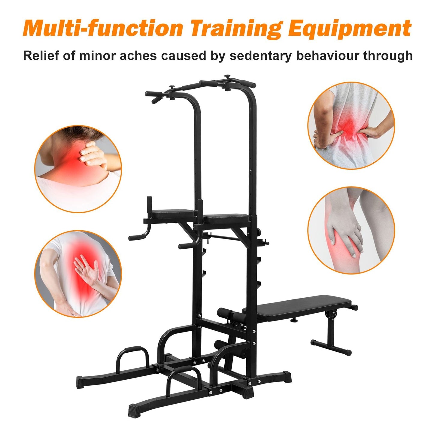 Power Tower Dip Station with Bench Pull Up Tower Bar Stand Adjustable Height Heavy Duty Multi-Function Fitness Training Equipment for Home Office Gym