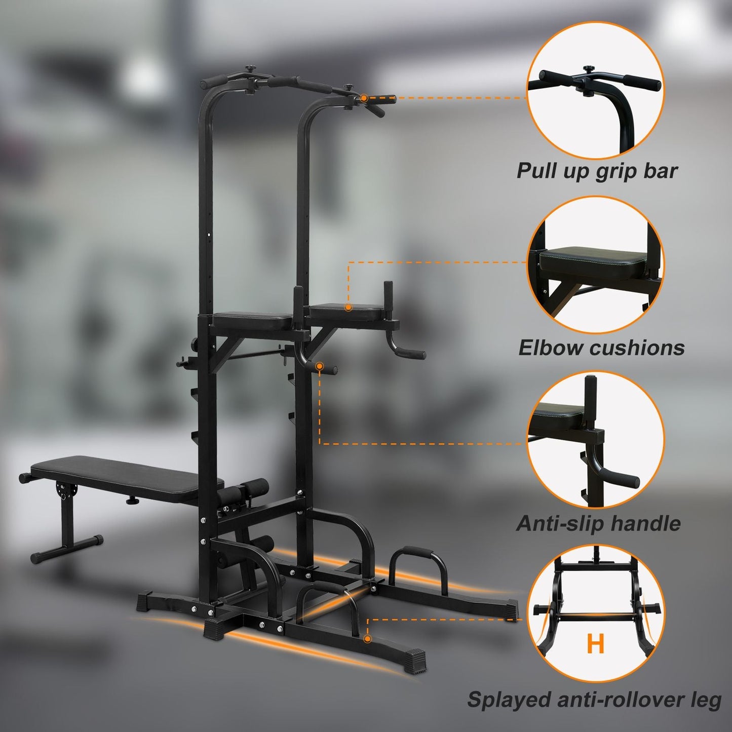 Power Tower Dip Station with Bench Pull Up Tower Bar Stand Adjustable Height Heavy Duty Multi-Function Fitness Training Equipment for Home Office Gym