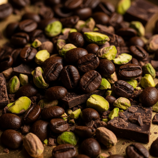 Close-up of coffee beans, pistachios, and chocolate pieces on a wooden surface