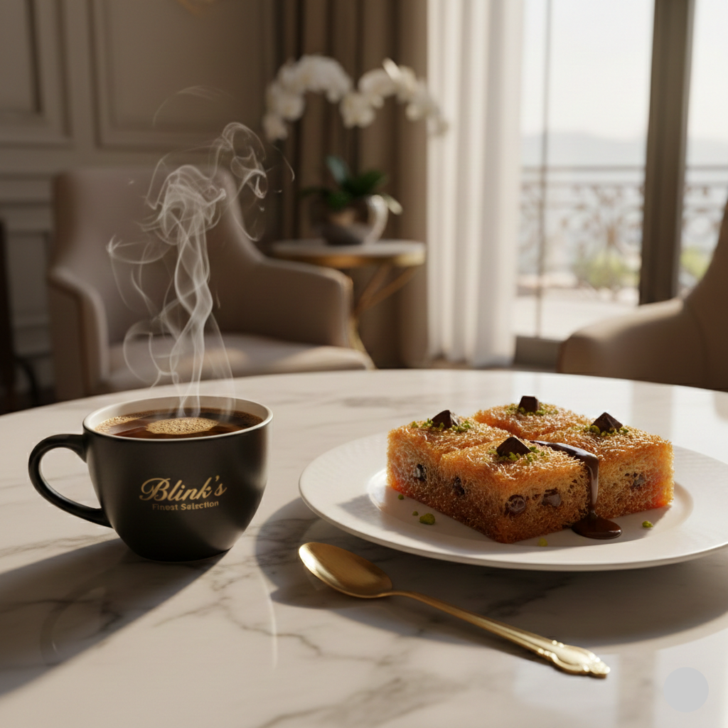 A luxury morning setting featuring a steaming cup of Dubai Chocolate Silk coffee next to a plate of fresh kunafa - blinks emporium