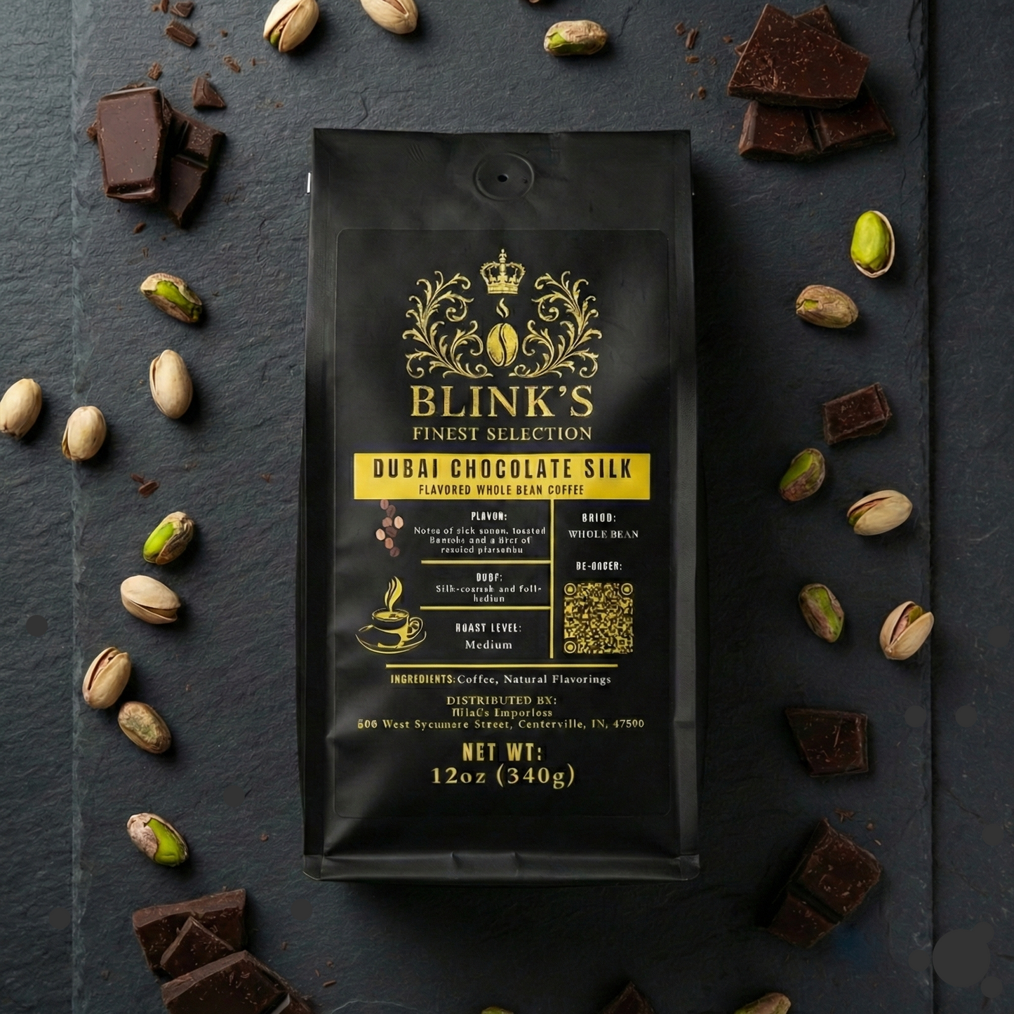 Blink's Finest Selection Dubai Chocolate Silk coffee package on a dark surface with chocolate pieces and pistachios.