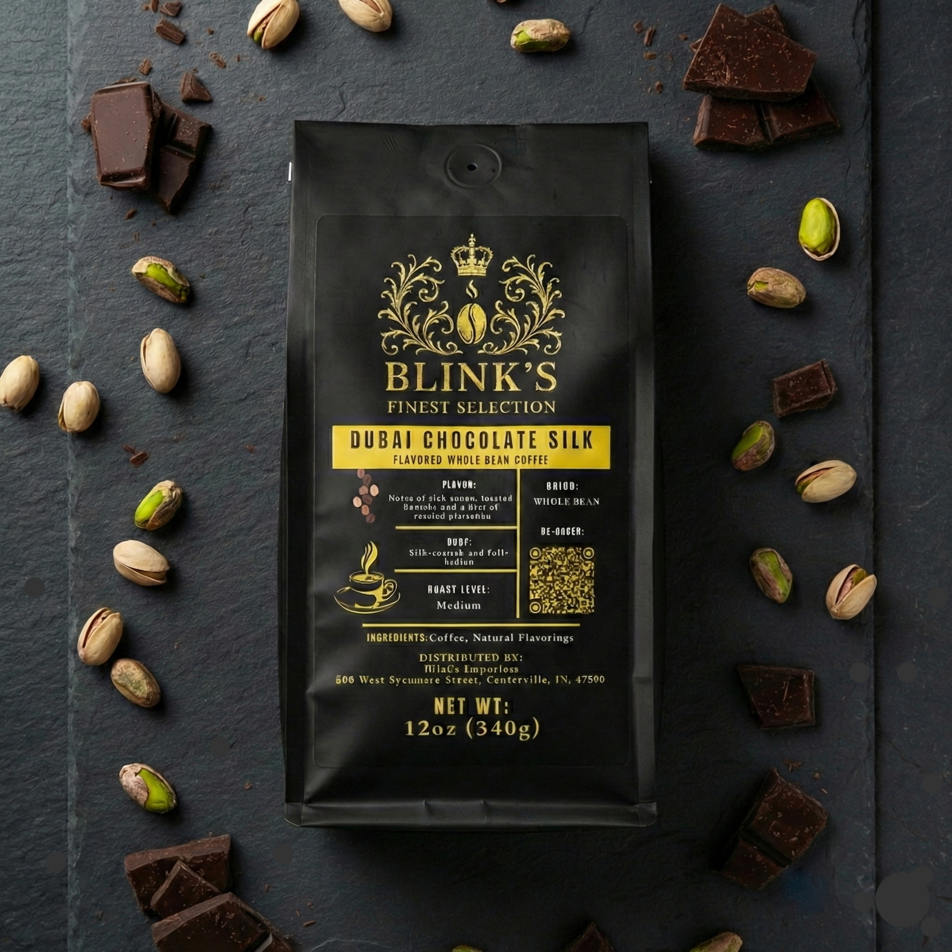 Blink's Finest Selection Dubai Chocolate Silk coffee package on a dark surface with chocolate pieces and pistachios.