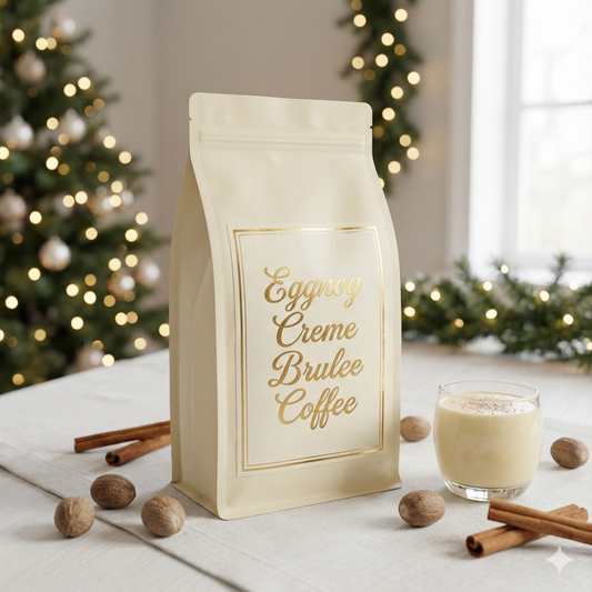 Eggnog Creme Brèle coffee package with a glass of eggnog and Christmas decorations in the background - blinks emporium