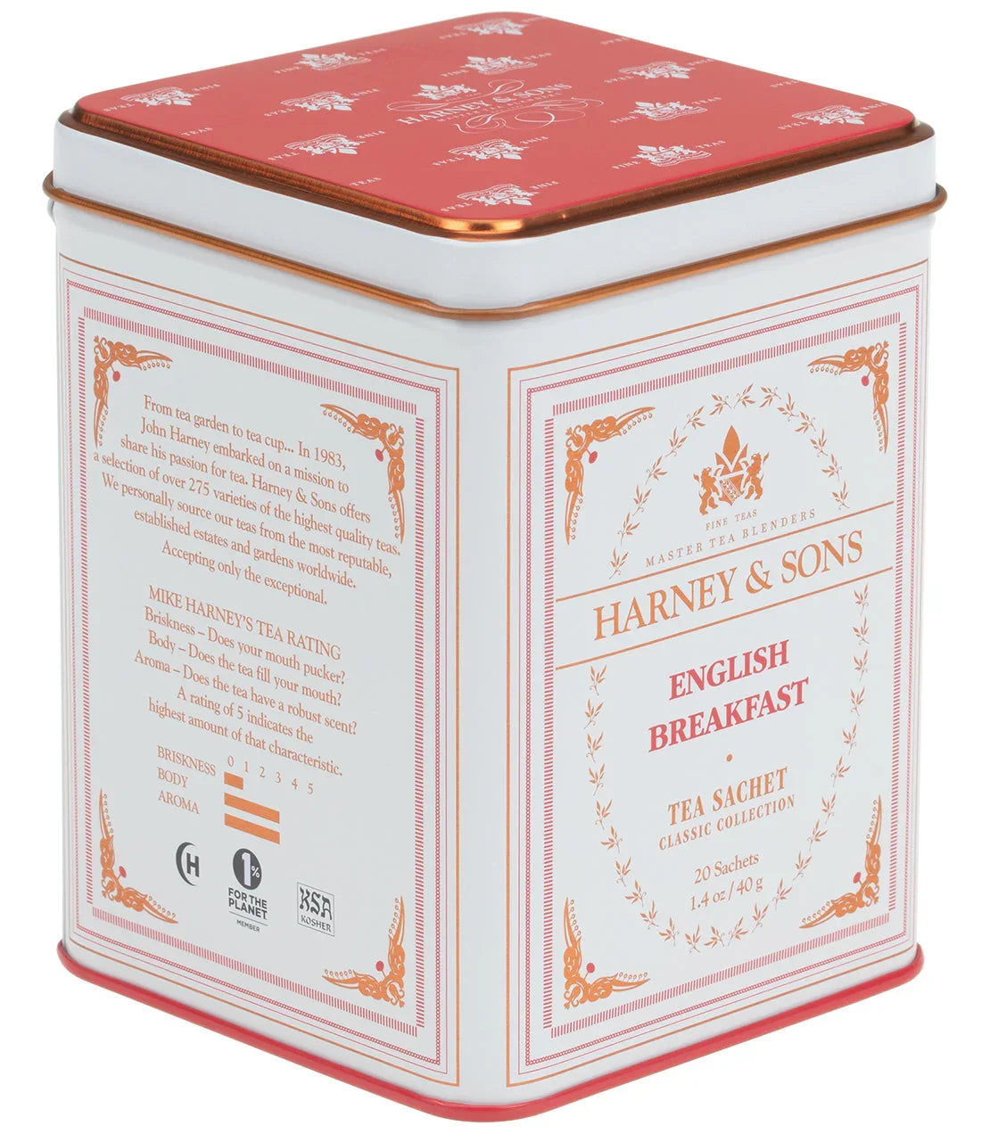 Harney & Sons English Breakfast tea sachets tin, white with red and gold accents, 20 count