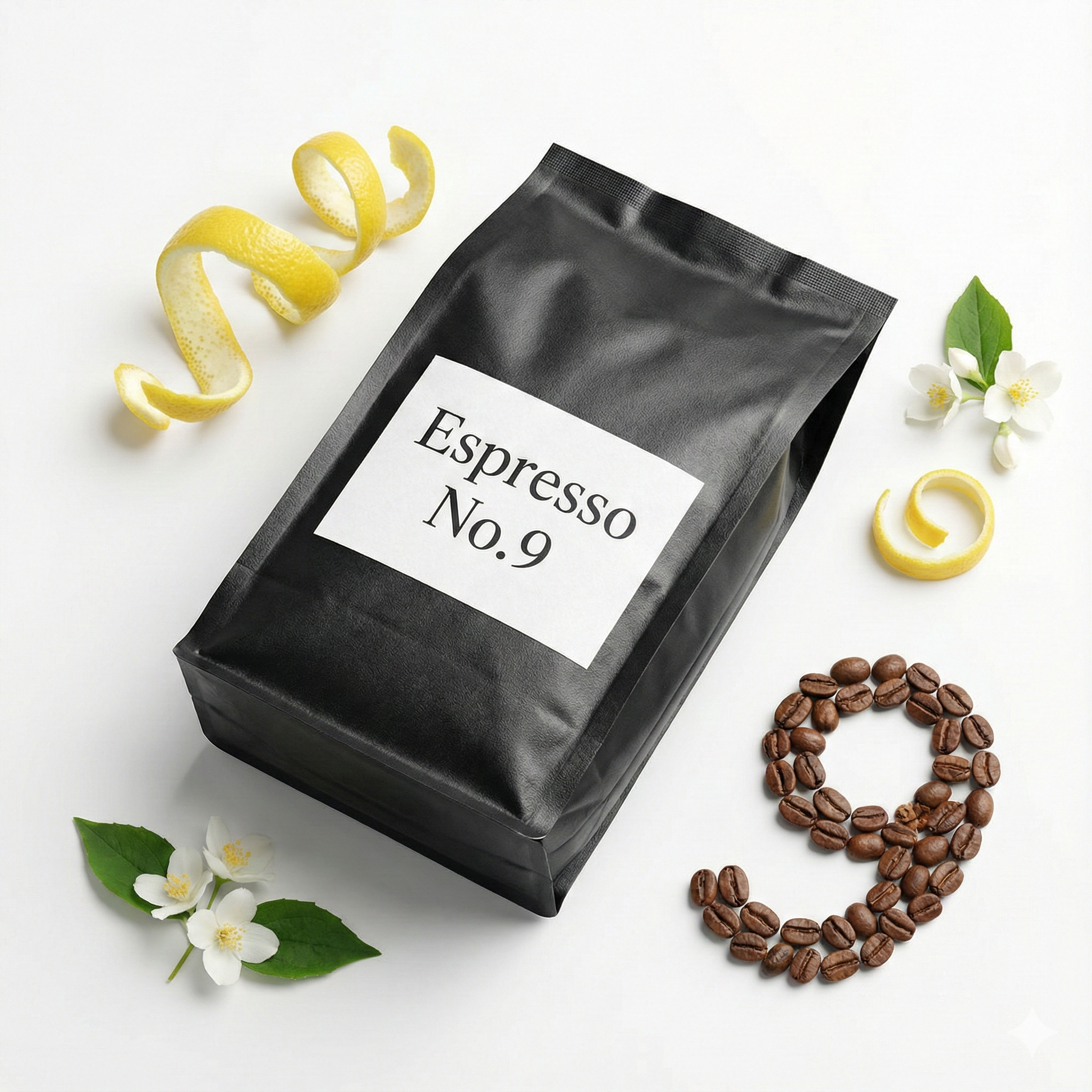 Black coffee packaging labeled 'Espresso No. 9' with coffee beans, jasmine flowers and lemon slices on a white background - blinks emporium