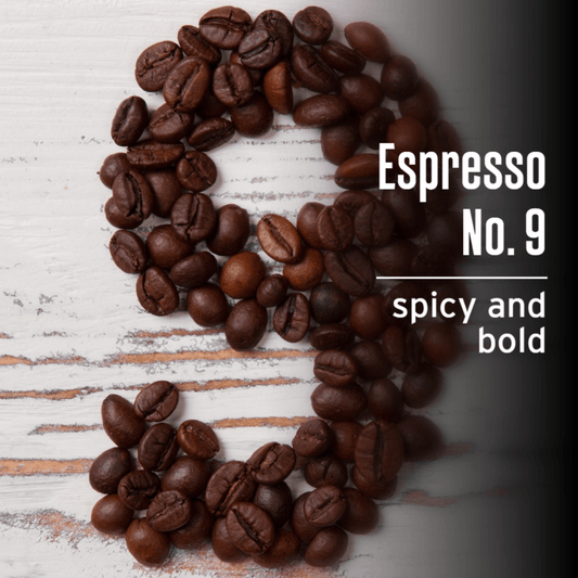 Coffee beans arranged to form the number '9' with text 'Espresso No. 9 spicy and bold' on a rustic wooden background - blinks emporium