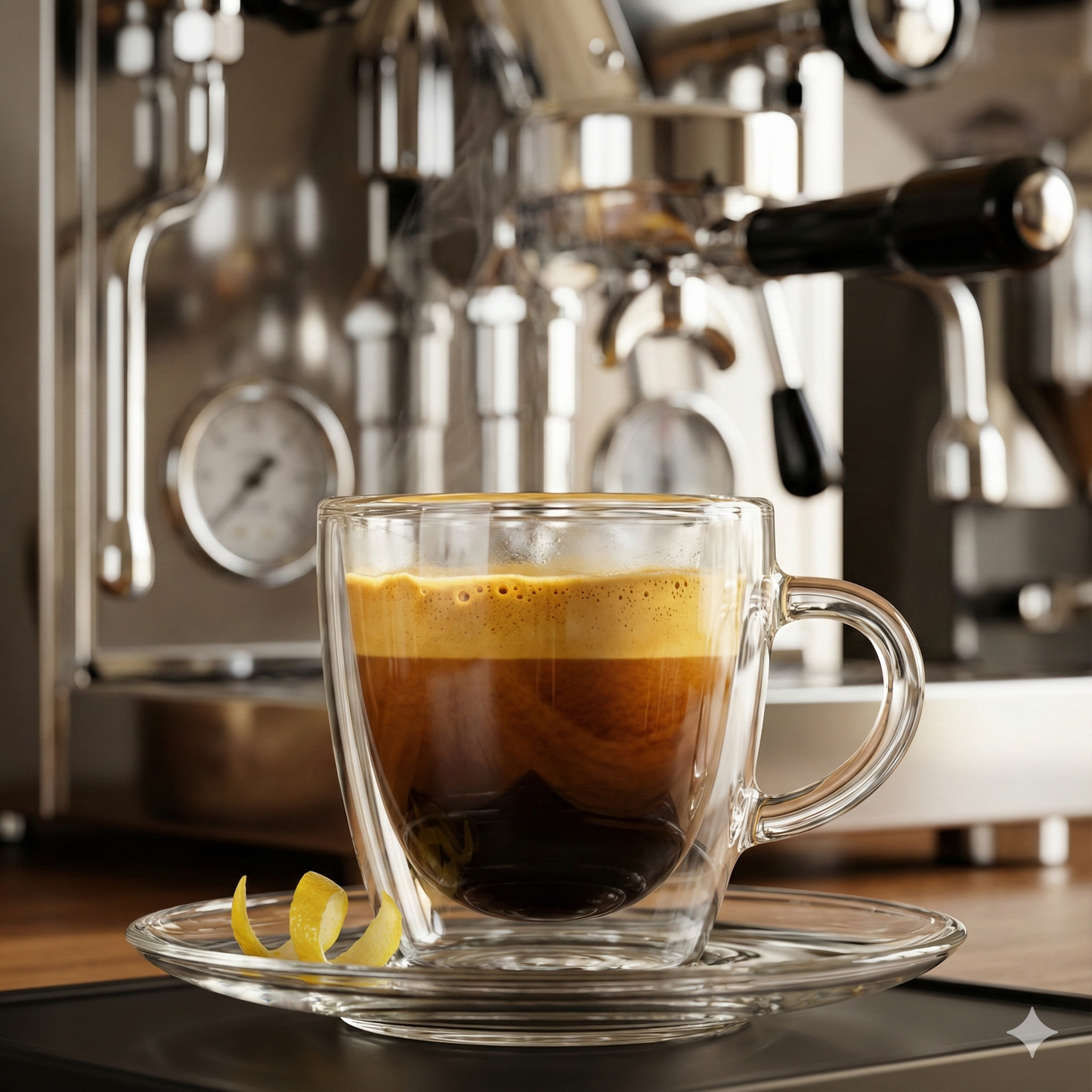 Clear glass cup with layered coffee in front of an espresso machine - blinks emporium