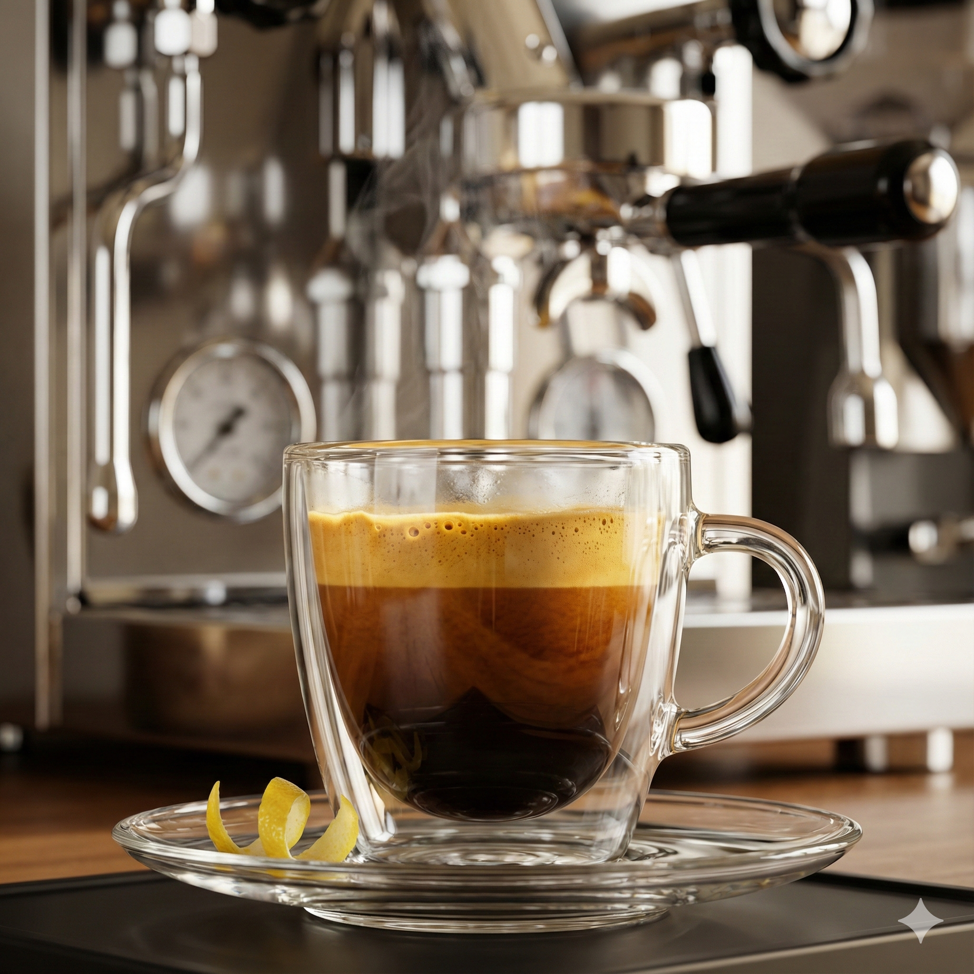 Clear glass cup with layered coffee in front of an espresso machine - blinks emporium