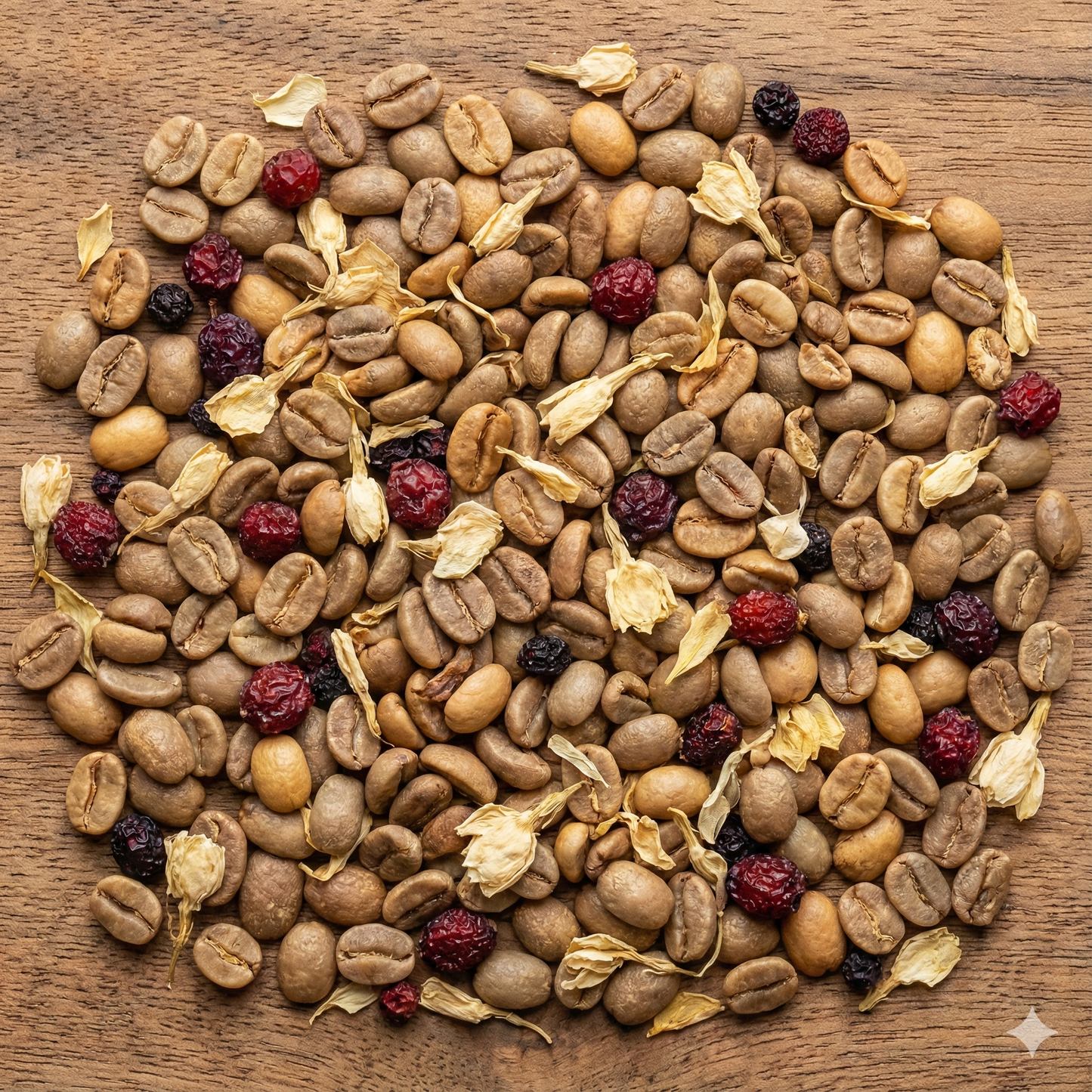 Close up texture shot of light roast coffee beans mixed with jasmine and berries - blinks emporium