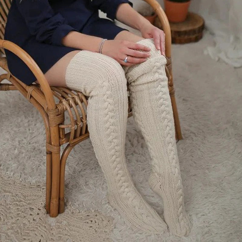 2025 Women's Casual Knitted Thigh High Socks - Thick and Warm Over Knee Stockings for Winter Home Wear, Ideal Christmas Gift