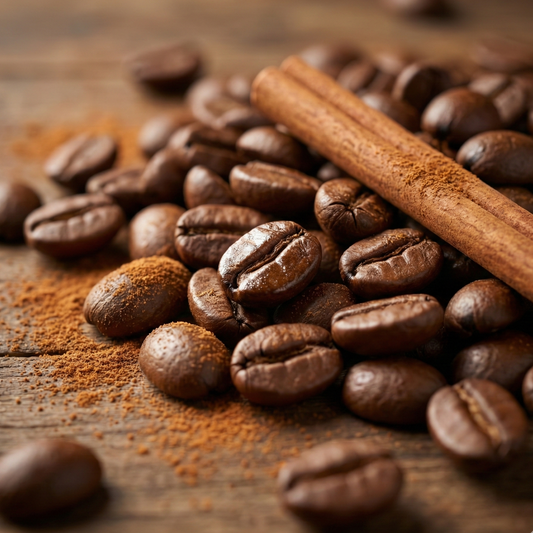 Coffee beans and a cinnamon stick on a wooden surface