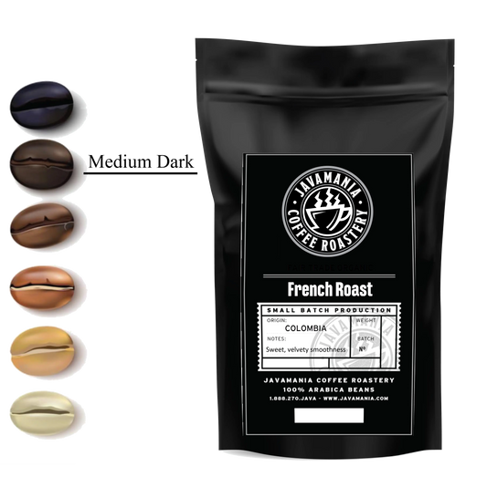 Black coffee bag of french roast with 'Javamania Coffee Roastery' branding and coffee bean color chart on a white background - blinks emporium