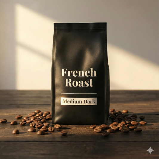 Black coffee bag labeled 'French Roast' with scattered coffee beans on a wooden surface - blinks emporium