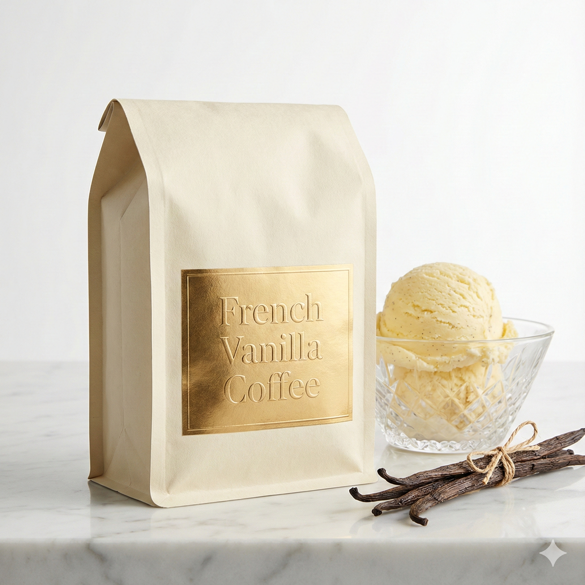 French Vanilla Coffee package with vanilla ice cream and vanilla beans on a marble surface - blinks emporium