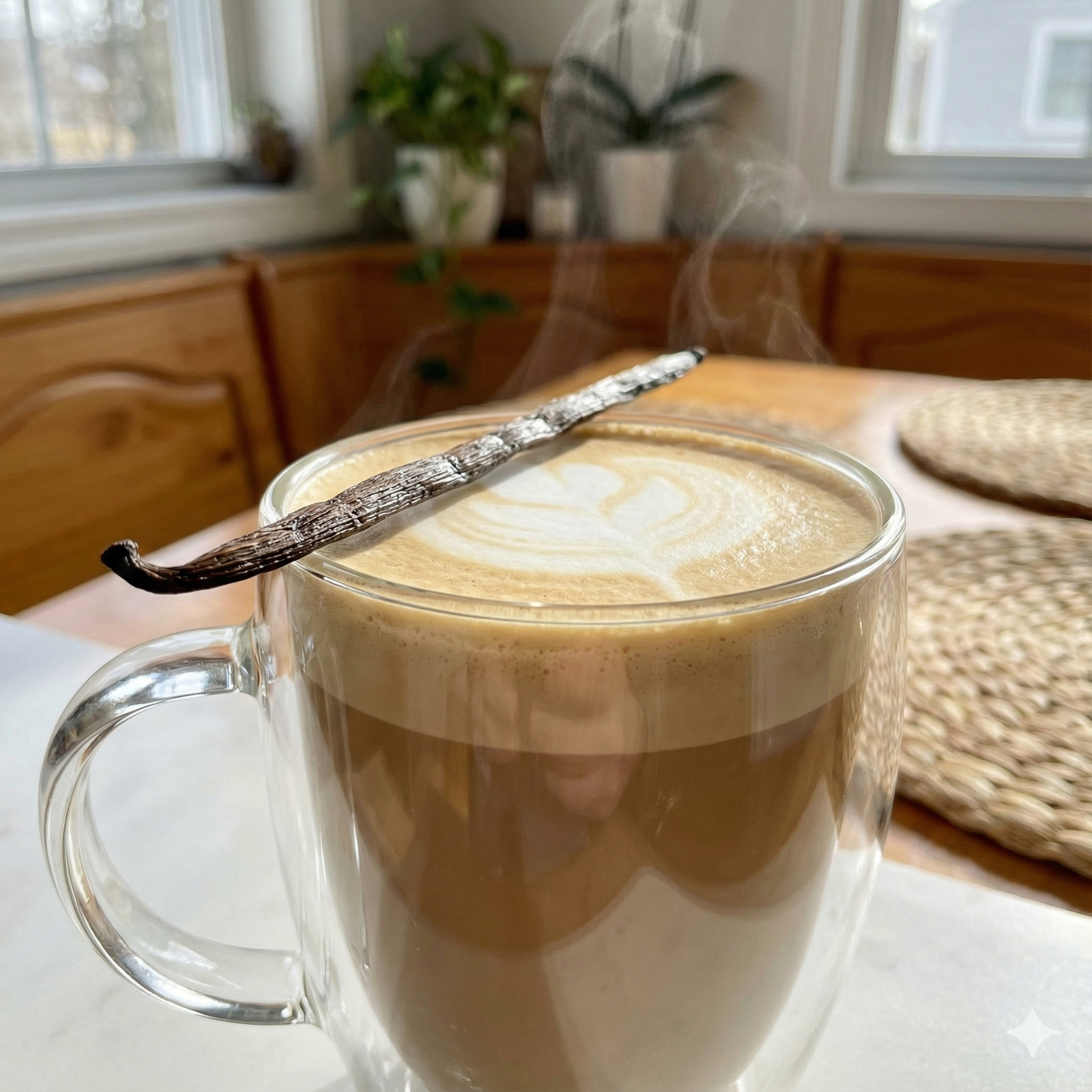 A glass mug of coffee topped with thick foam and a vanilla bean garnish - blinks emporium