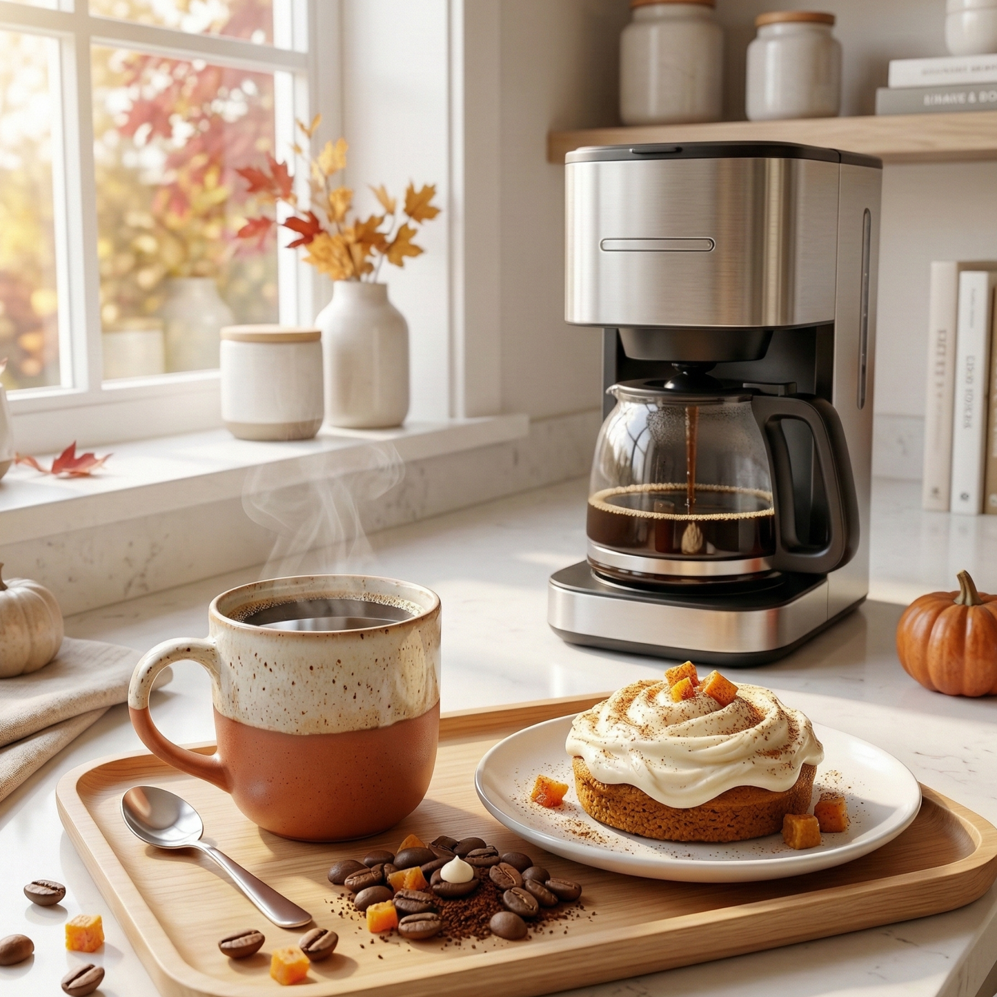 Brewing Frosted Pumpkin Dream coffee next to a frosted pumpkin pastry - blinks emporium