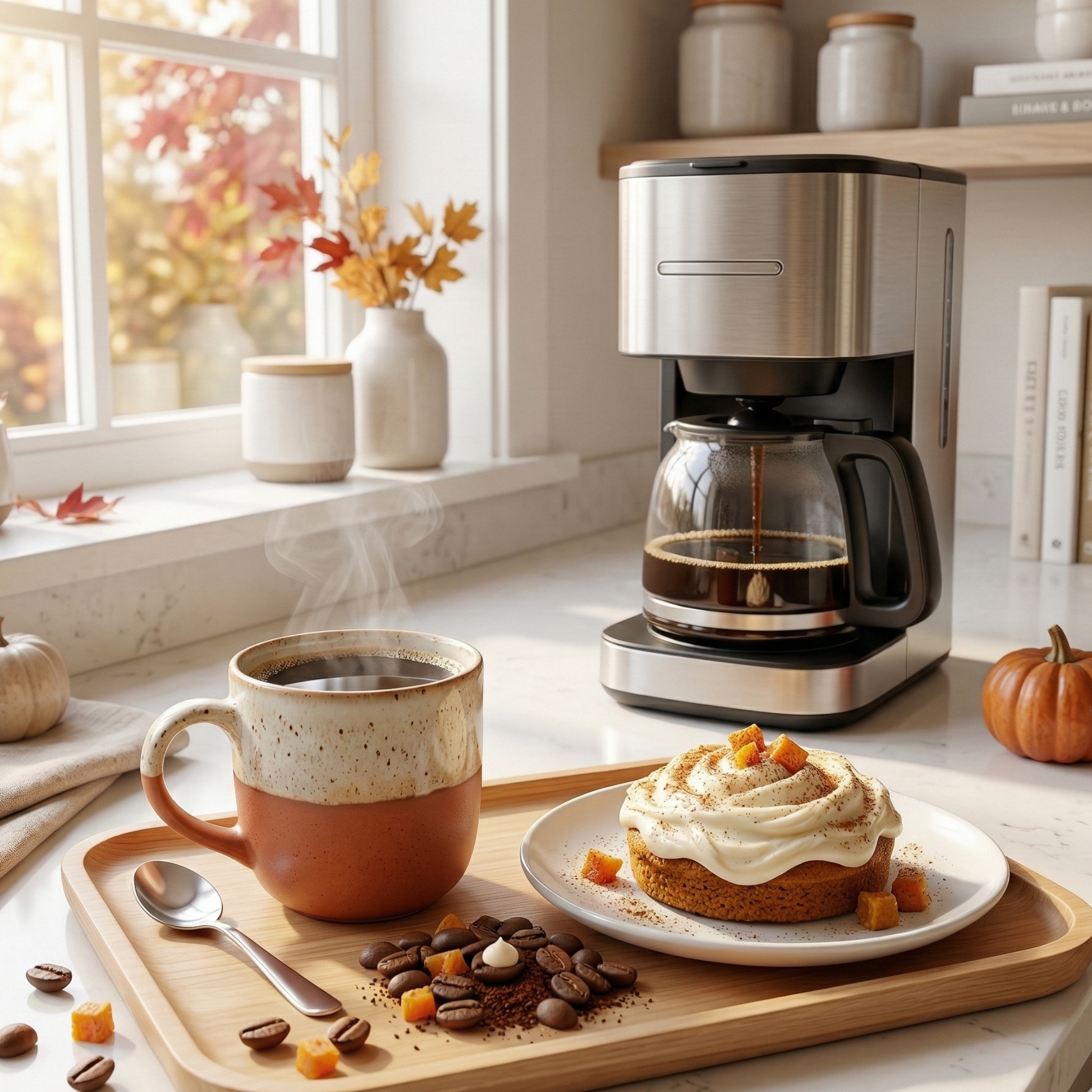 Brewing Frosted Pumpkin Dream coffee next to a frosted pumpkin pastry - blinks emporium